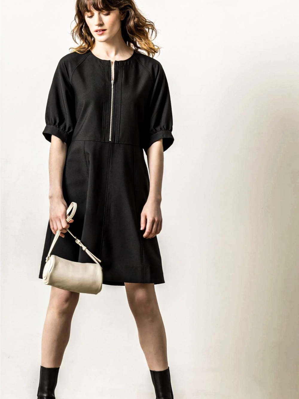 NWT Lilla P Black Zip Front Flared Crepe Dress Puff Sleeve Pockets Womens New